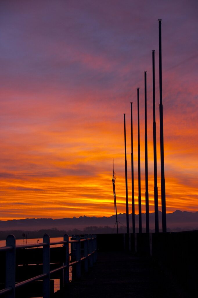 flagpoles, in the morning, sun, nature, mood, rise up